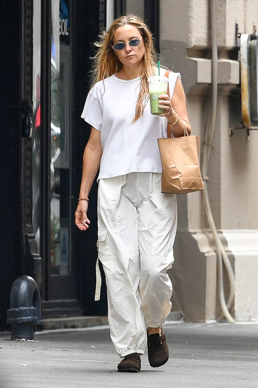 Kate Hudson makes Birkenstock clogs feel old-money with barrel-leg pants