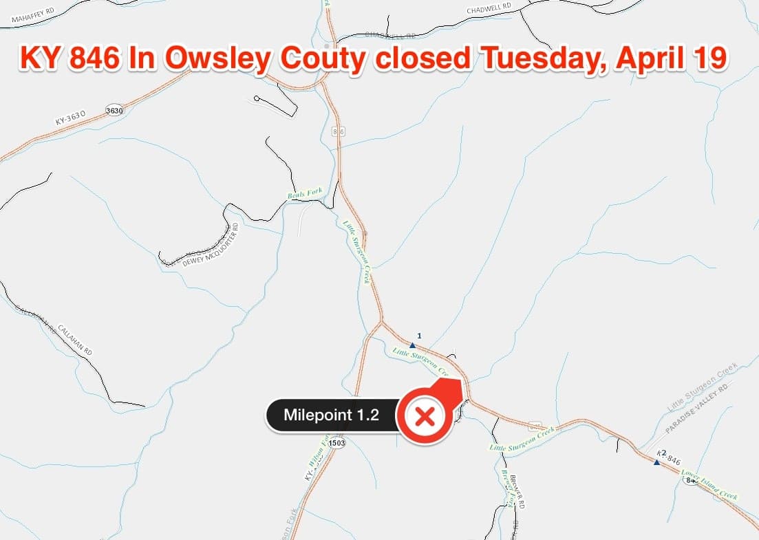 KY 846 to close Tuesday in Owsley County for drainage work