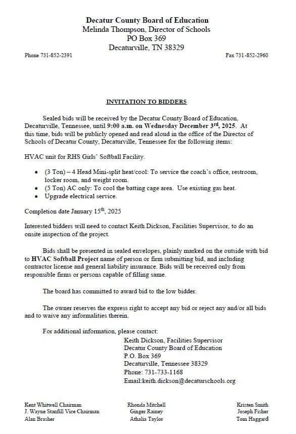 Decatur County Seeks Bids For RHS Softball Facility HVAC