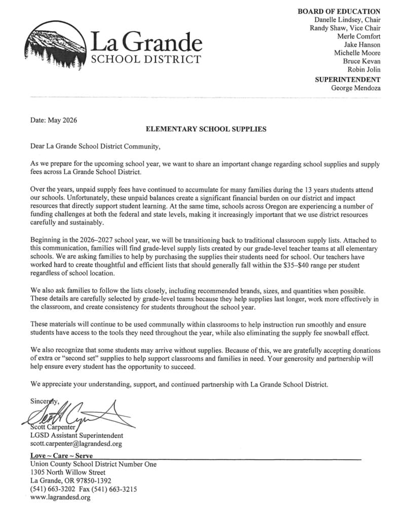 La Grande schools return to classroom supply lists for elementary families