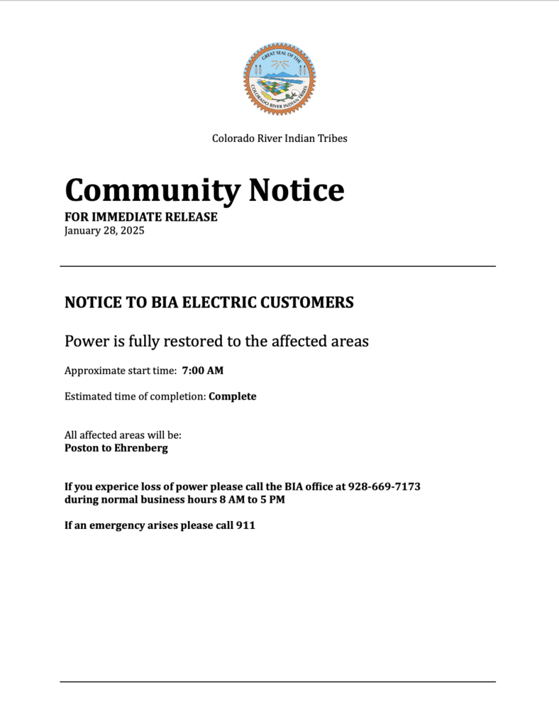 Power restored after outage on CRIT reservation, update says