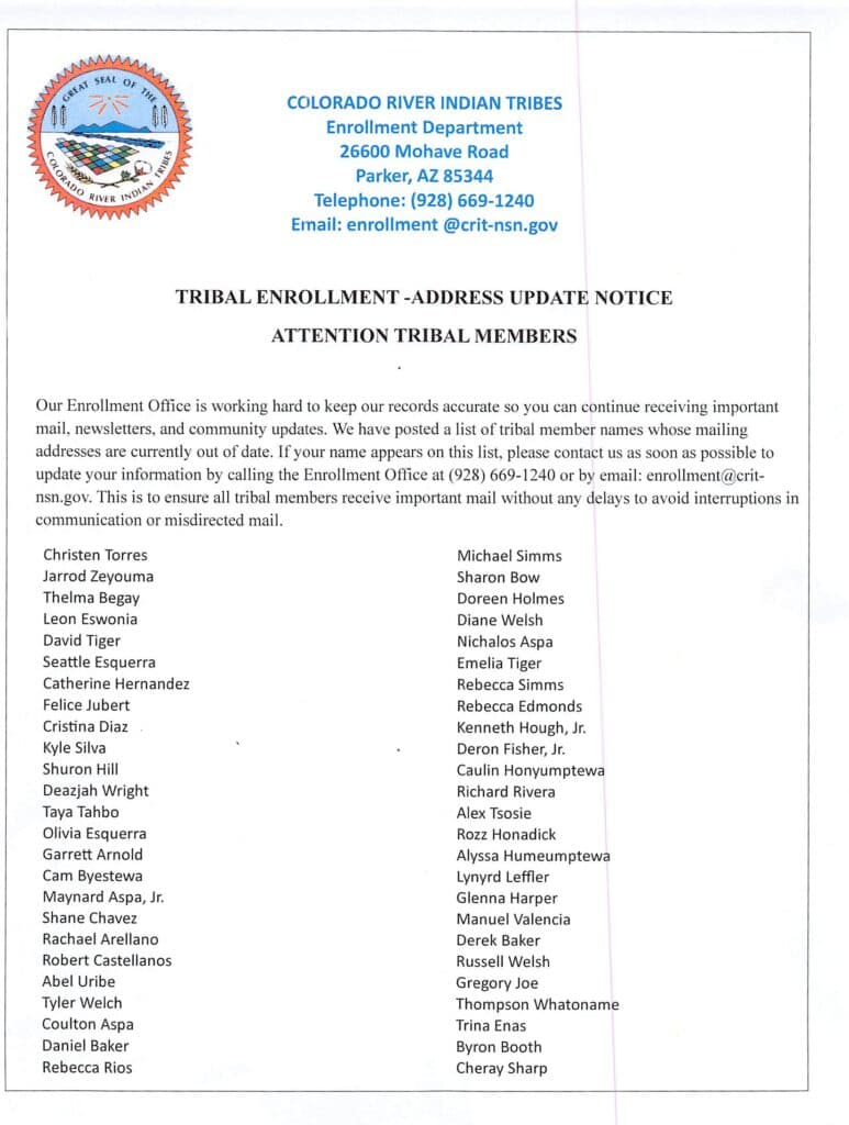 CRIT Manataba Messenger urges tribal members to update addresses