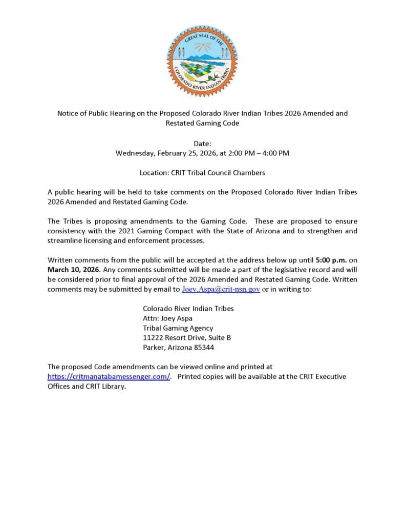 Colorado River Indian Tribes Announce Feb. 25 Hearing on 2026 Gaming Code