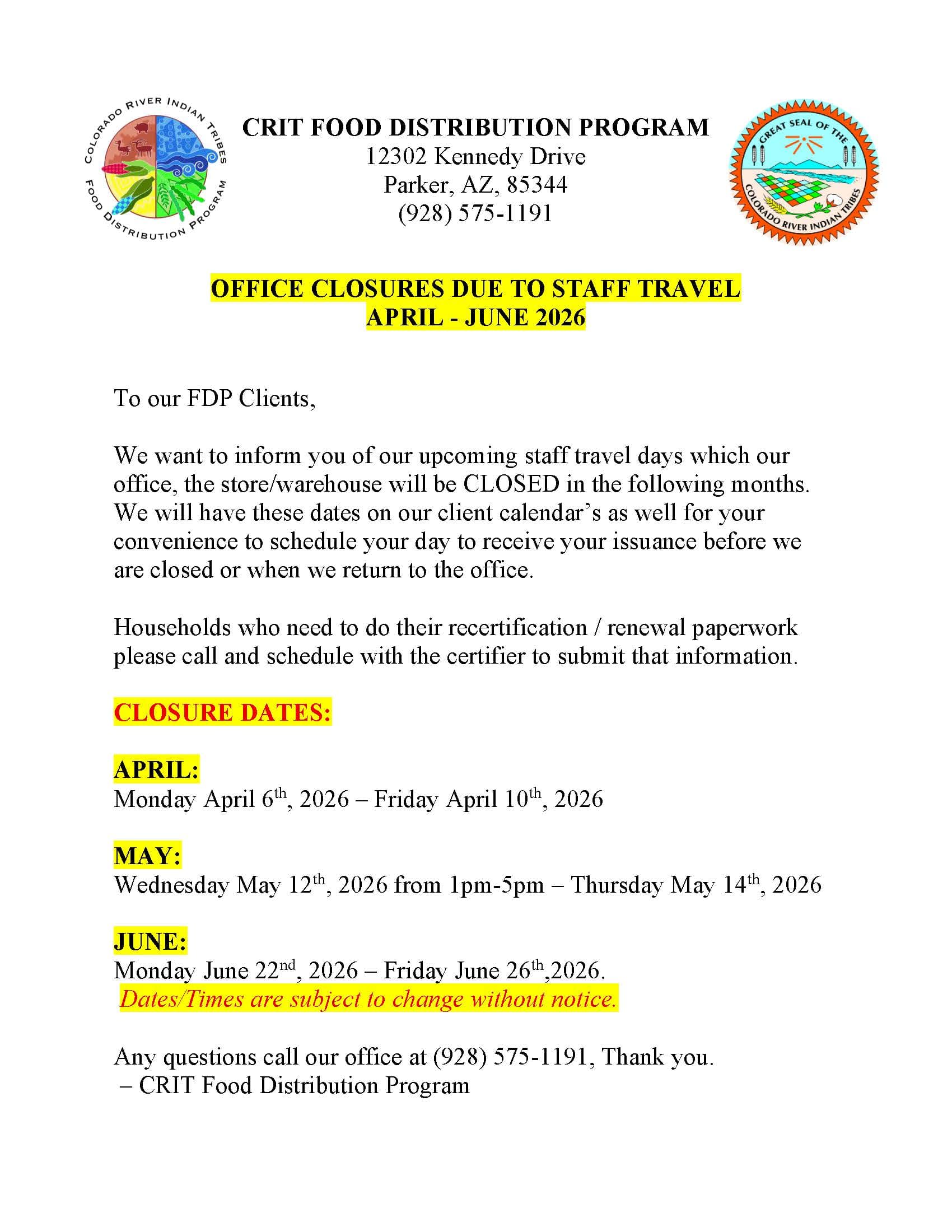 CRIT Manataba Messenger Posts April Food Distribution Schedule and Closure Dates