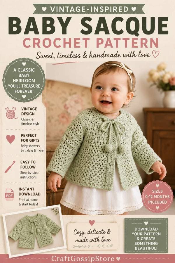 Vintage-inspired baby sacque crochet pattern blends charm and practicality