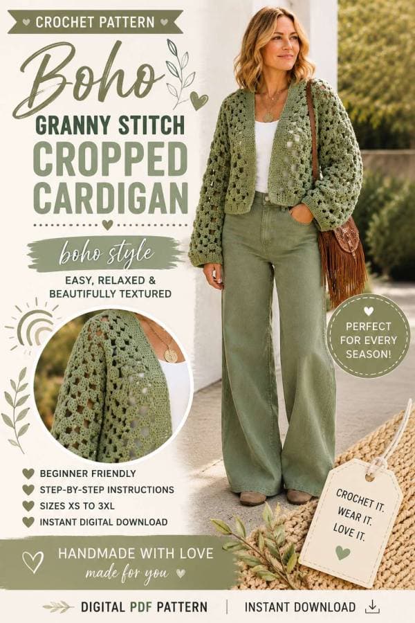 Cropped chunky granny stitch cardigan blends modern style with easy crochet