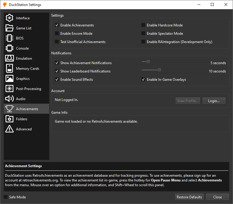 DuckStation update refreshes RetroAchievements, fixes crashes, adds UI polish