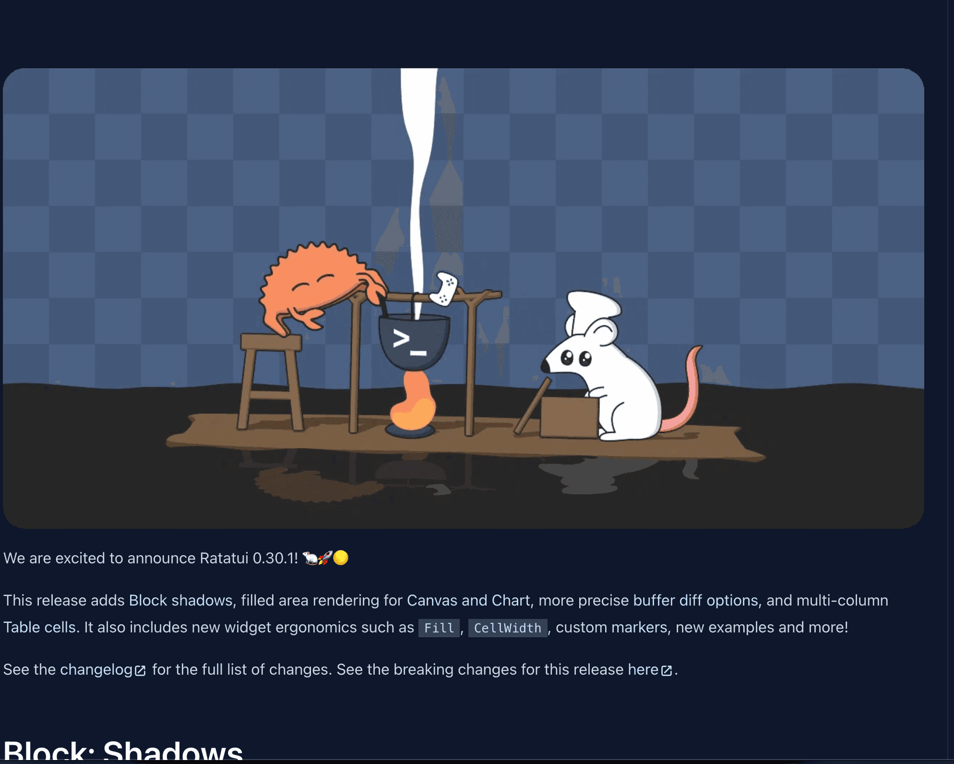 Ratatui 0.30.1 adds shadows, filled charts, finer cell diffing
