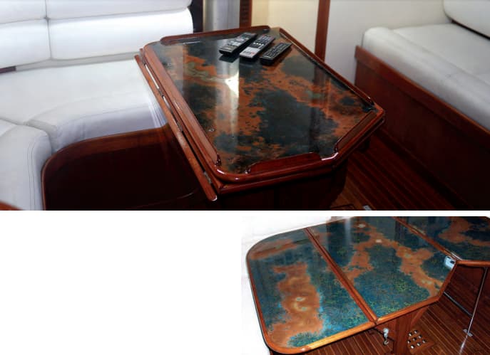 Refitting a Stevens 47 saloon table with patina copper and epoxy