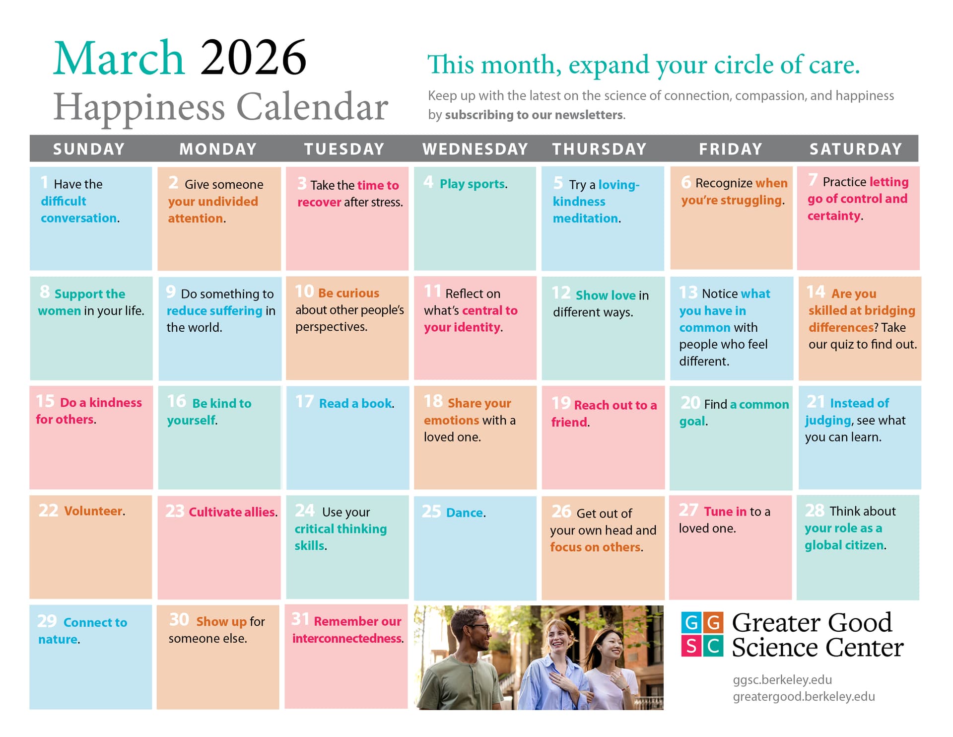 Greater Good Science Center publishes March 2026 happiness calendar with mindfulness prompts