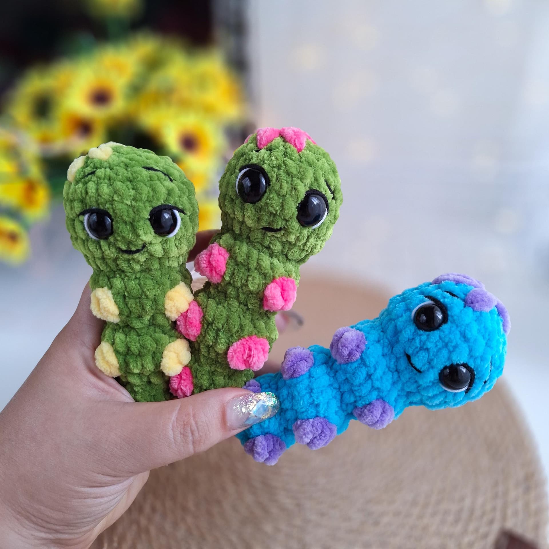 Rainbow caterpillar amigurumi pattern doubles as keychain and learning toy