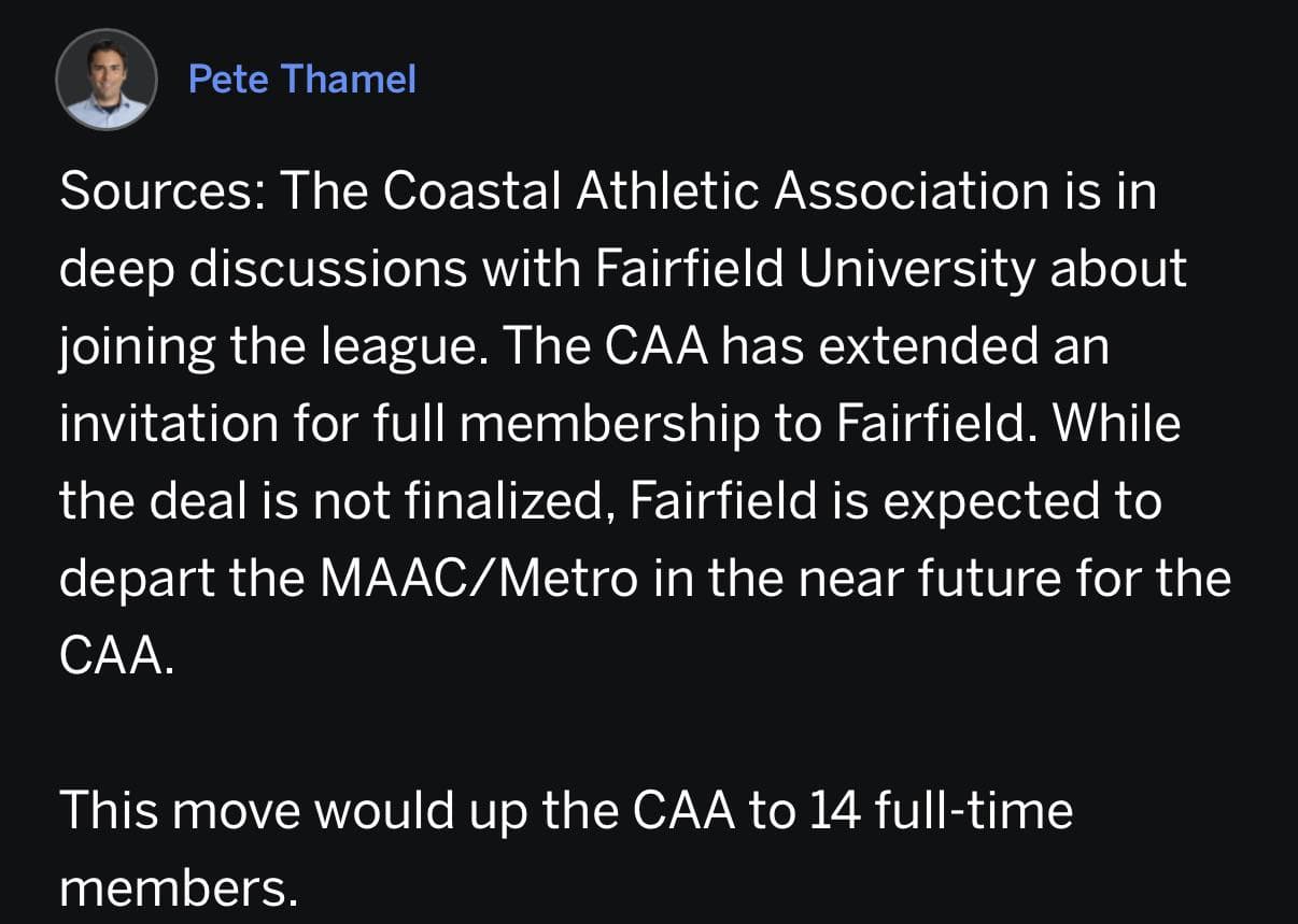 CAA in advanced talks to add Fairfield as full member