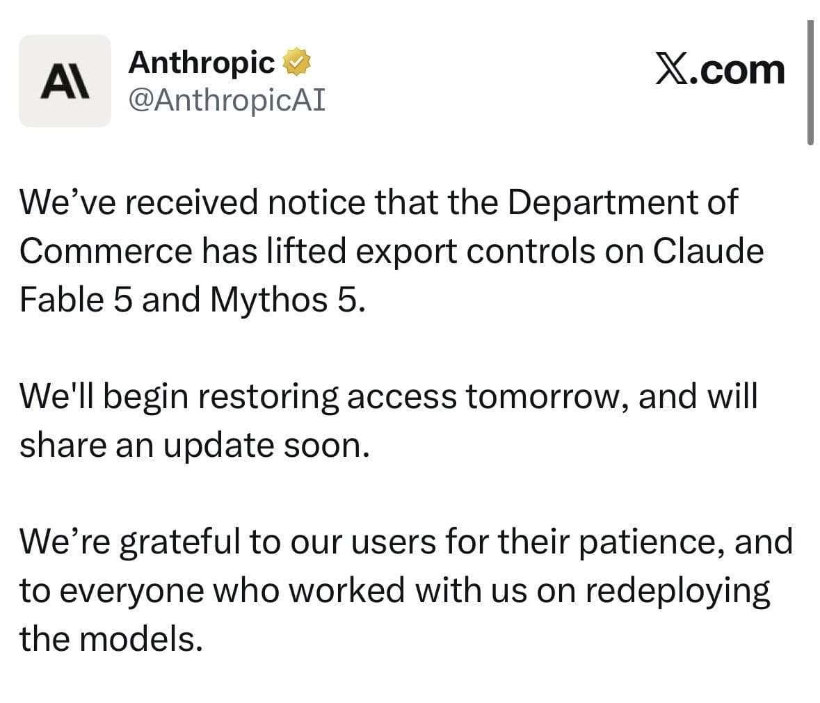 U.S. lifts export controls on Anthropic’s Claude Fable 5 and Mythos 5