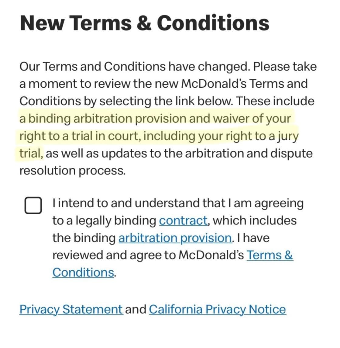 McDonald’s digital terms require arbitration and bar users under 18