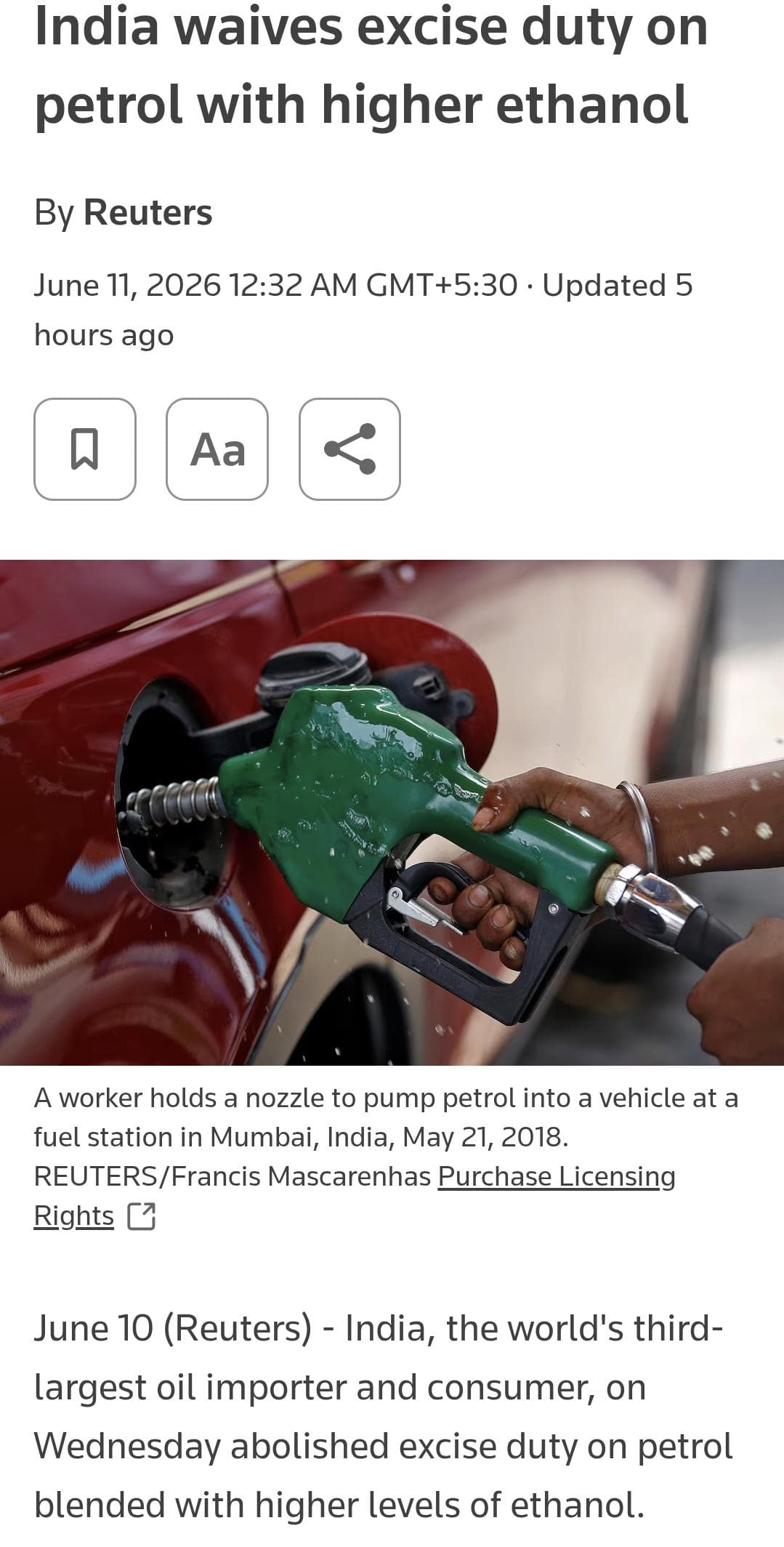 India waives excise duty on higher ethanol-blended petrol