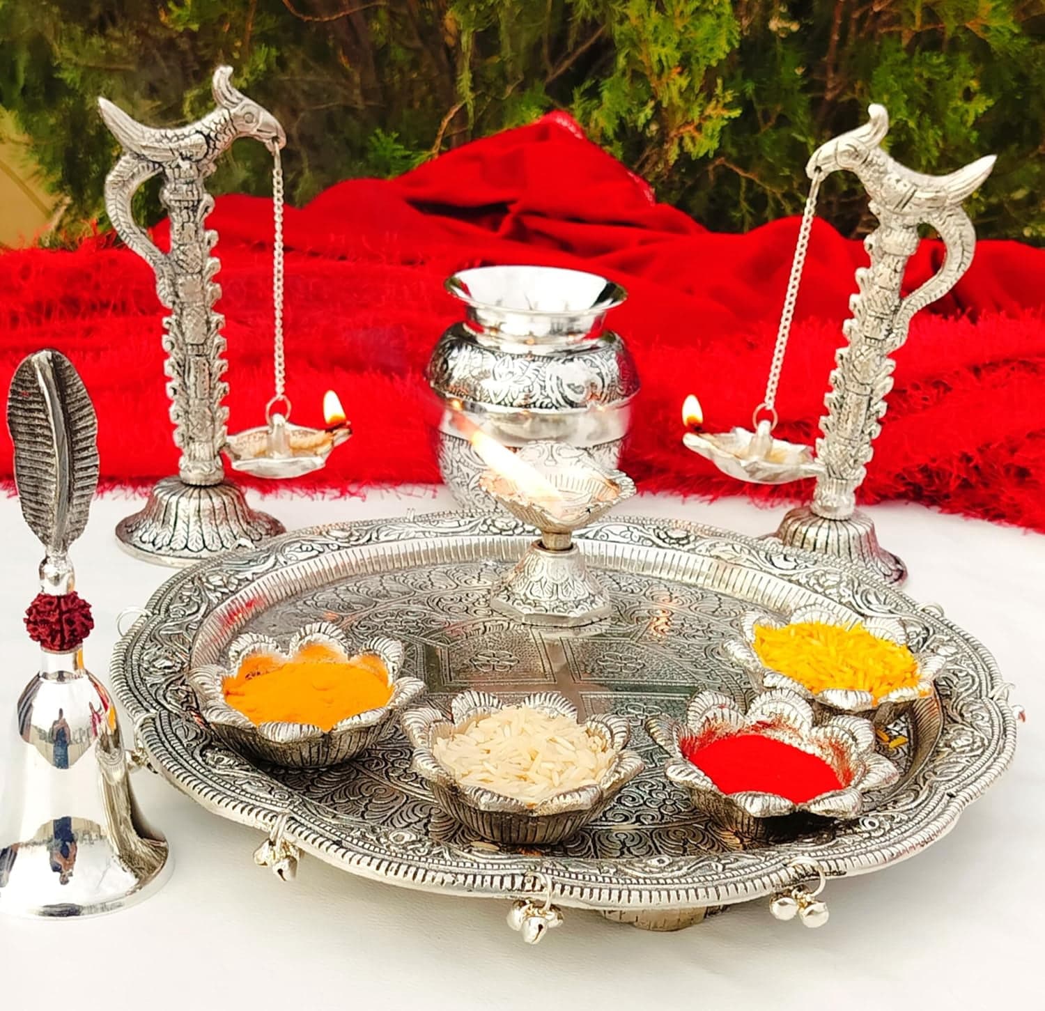 German-silver gifts for housewarming, trays, idols and diyas for new homes