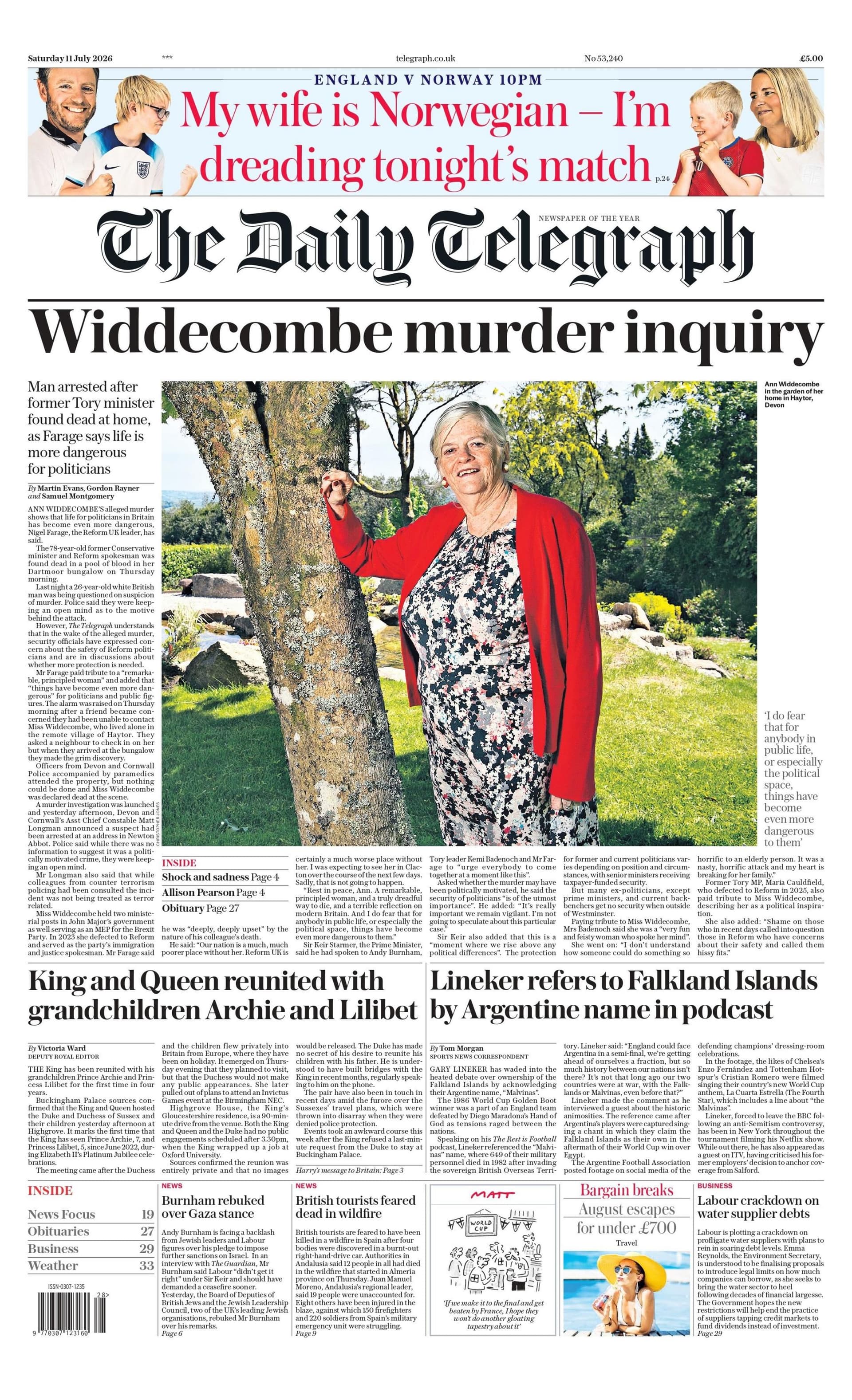 Murder probe into Ann Widdecombe death dominates papers ahead of England v Norway