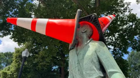 Scotland fans bring Glasgow’s traffic cone joke to Boston statues