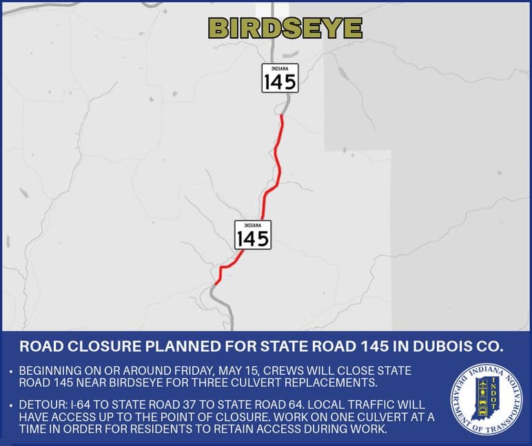 State Road 145 near Birdseye to close for culvert replacements through November