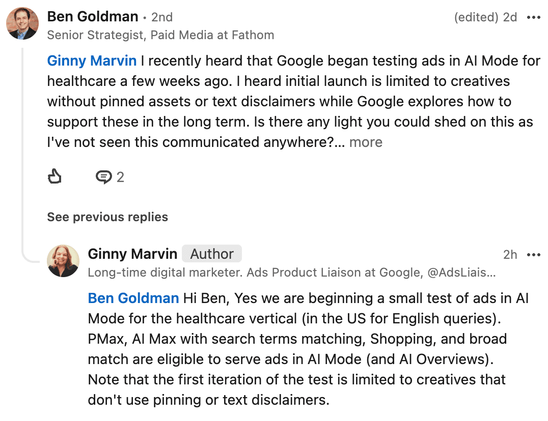 Google tests healthcare ads inside AI Mode search results