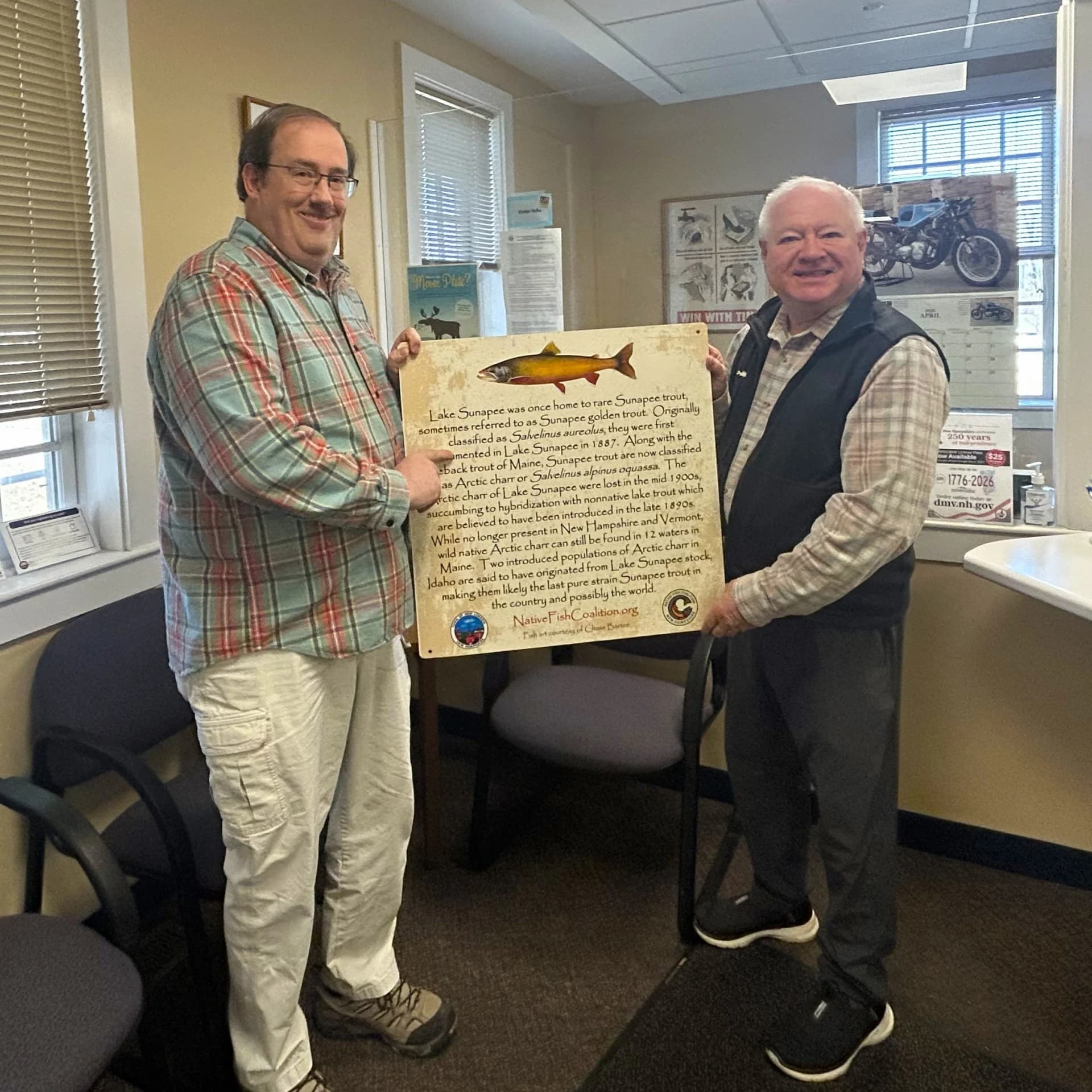 Signs for Lake Sunapee Arctic charr project delivered to towns