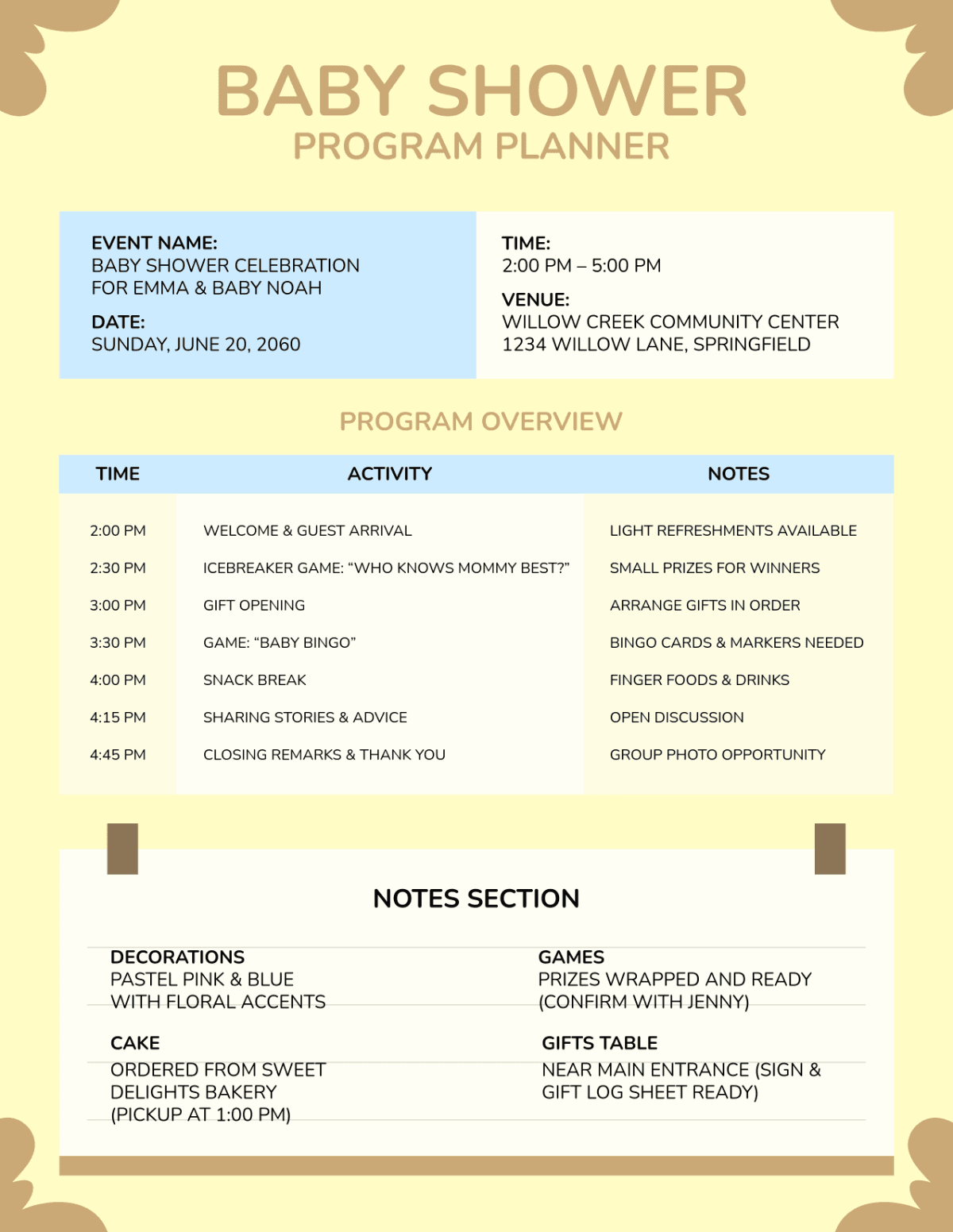 baby shower agenda template helps hosts coordinate the day