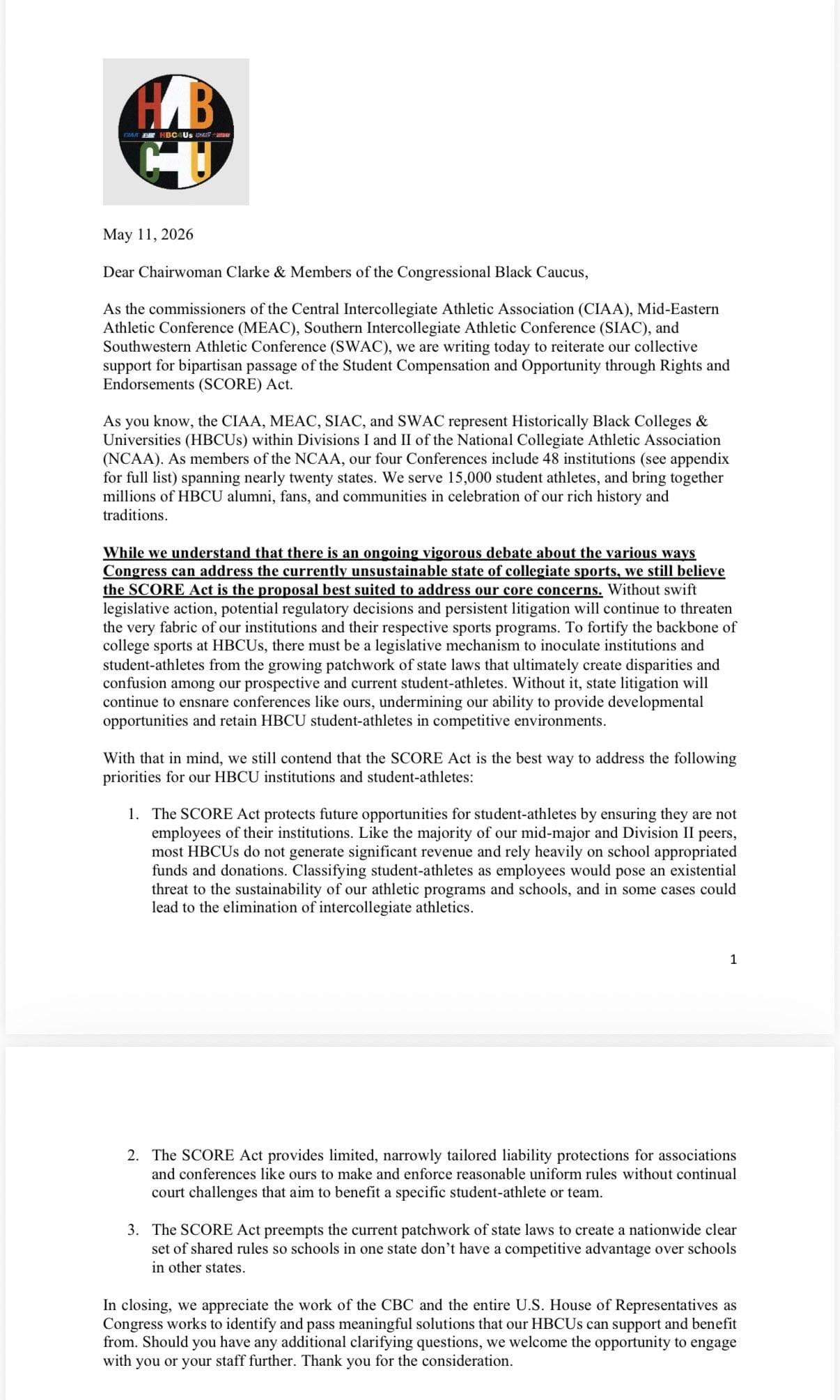 HBCU commissioners again urge Congress to back SCORE Act