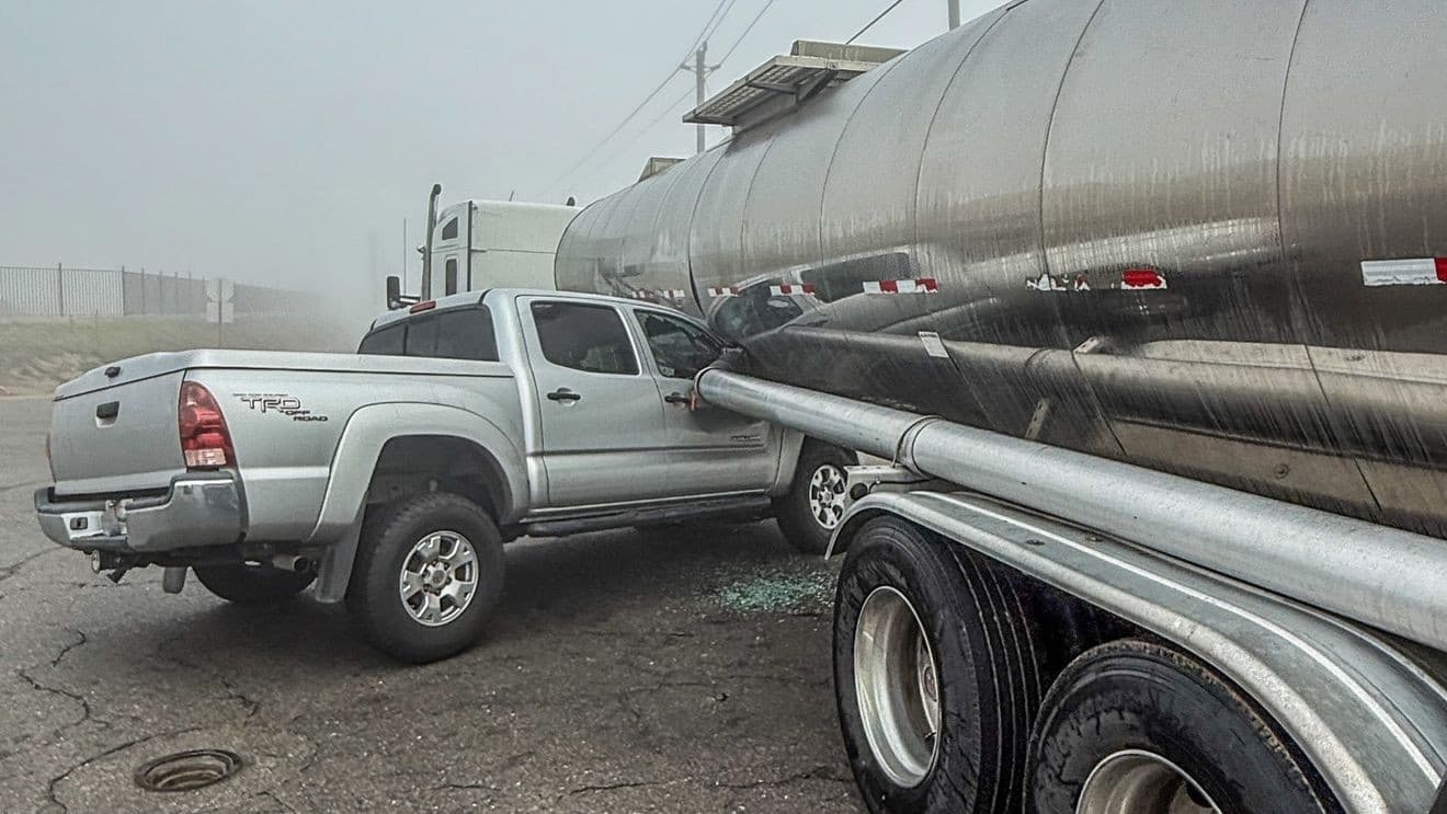 Tanker, Pickup Collide on Manning Avenue in Dense Fog; CHP Warns Drivers