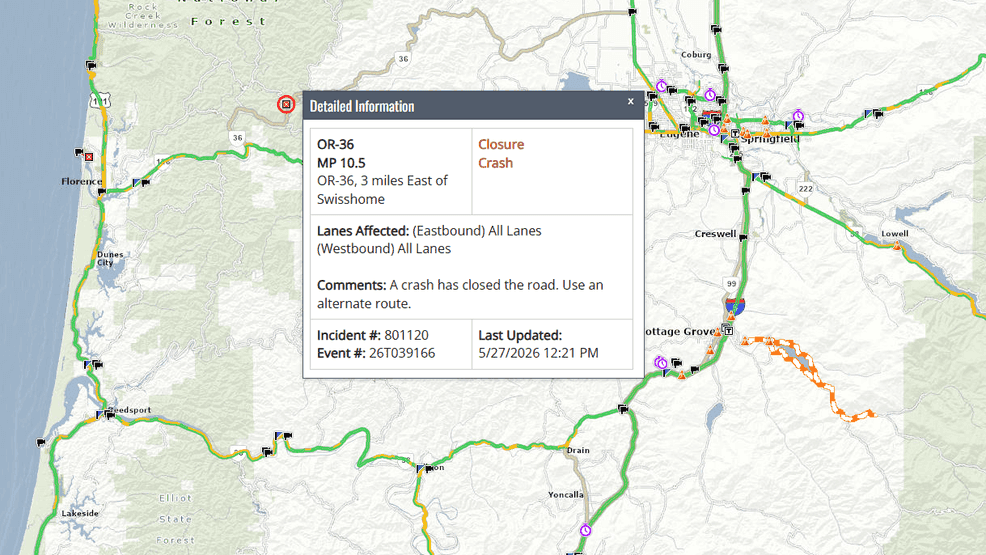 Crash briefly closes Highway 36 east of Swisshome, road reopens