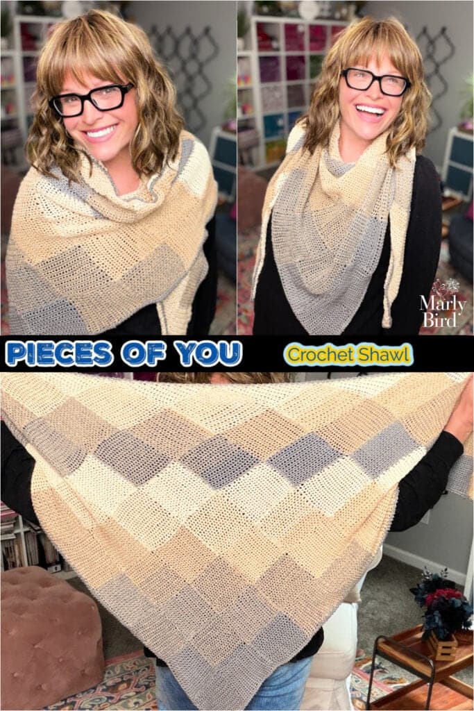Marly Bird’s free crochet entrelac wrap teaches woven blocks with ease