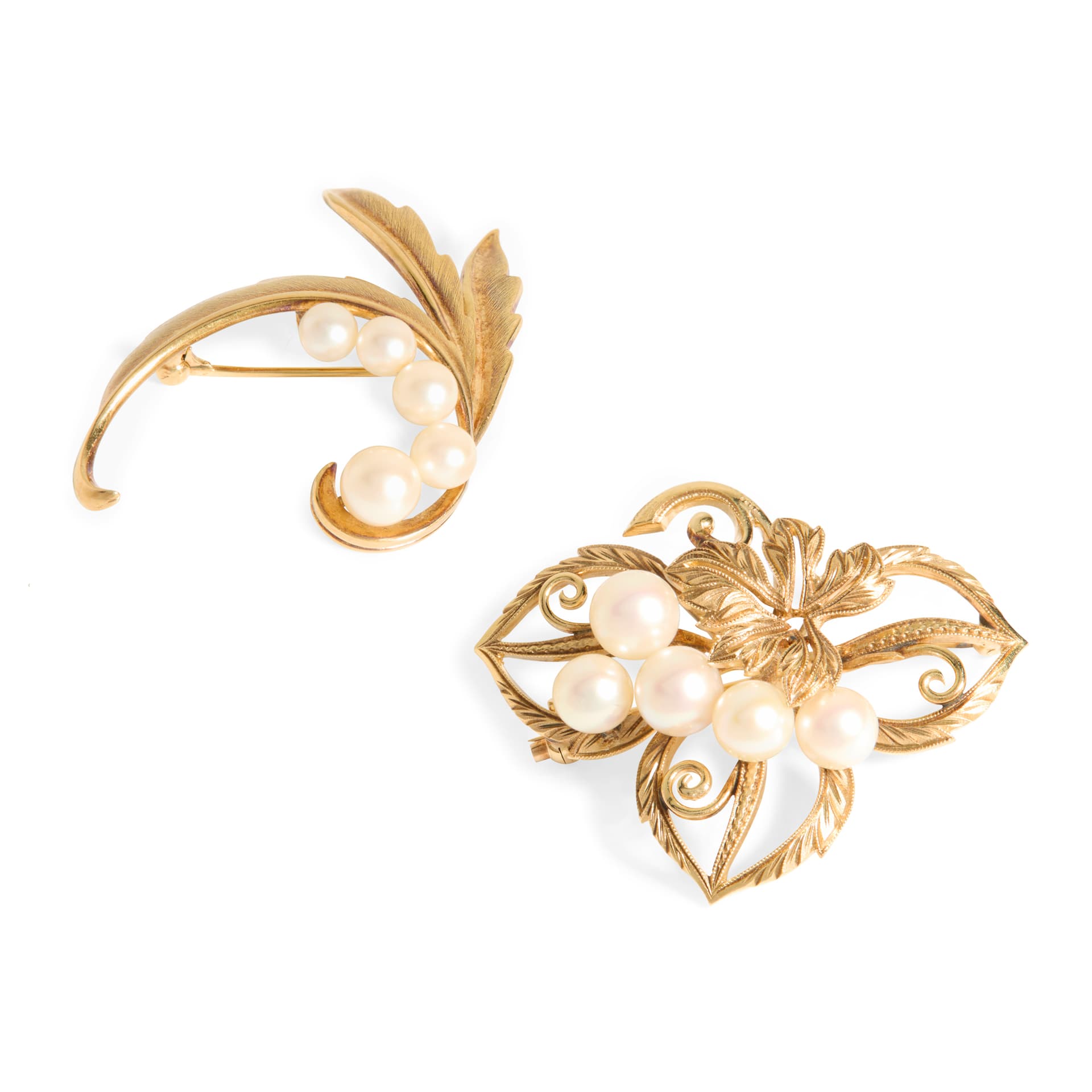 Mikimoto Lot 84 Two Stylised Scrolling K14 Pearl Brooches Offered March 4
