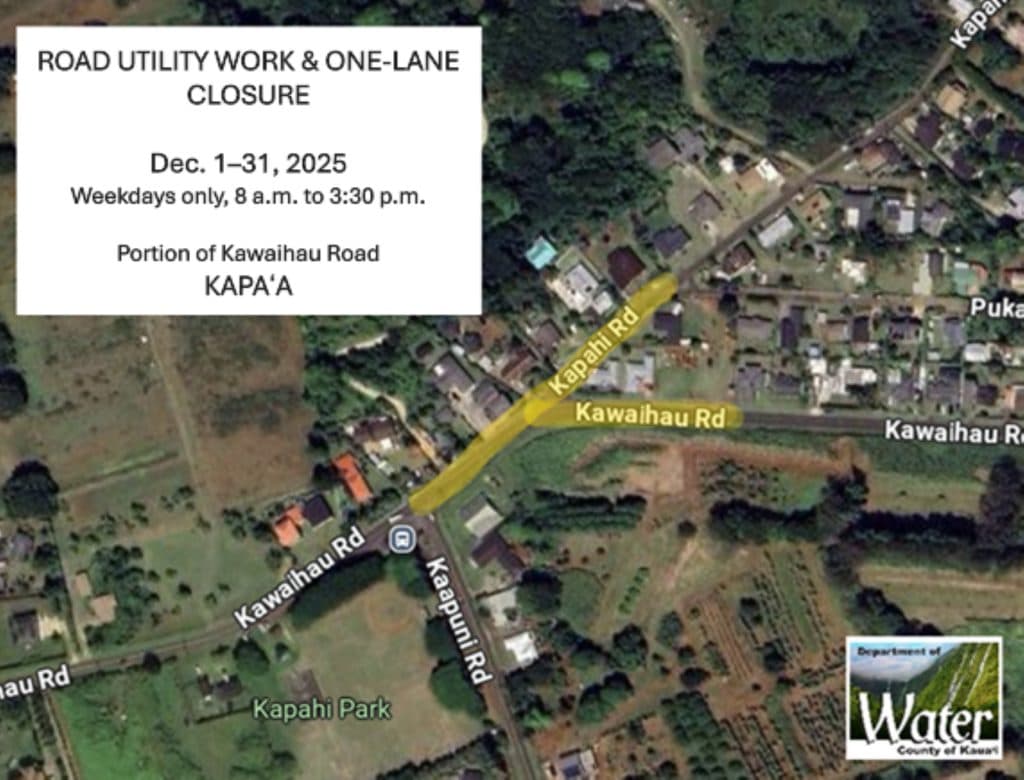 Utility Work Closes One Lane on Kawaihau Road in December