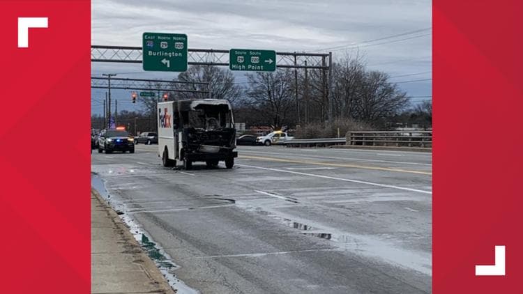 FedEx Truck Catches Fire on Randleman Road Offramp to I-40; No Injuries