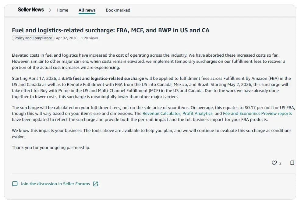 Amazon Adds 3.5% Fuel Surcharge for Third-Party Sellers Starting April 17