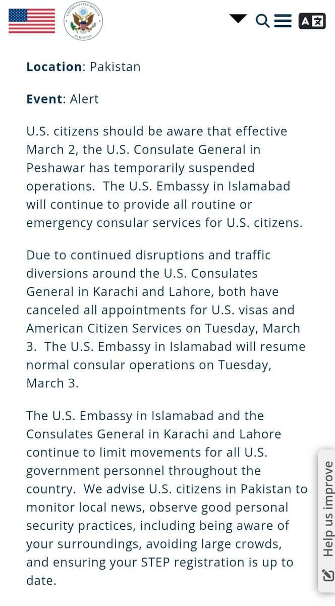 U.S. suspends Peshawar consulate operations, redirects services to Islamabad