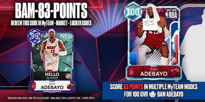 NBA 2K26 Drops Free 99 OVR Dark Matter Bam Adebayo Card for Historic 83-Point Game