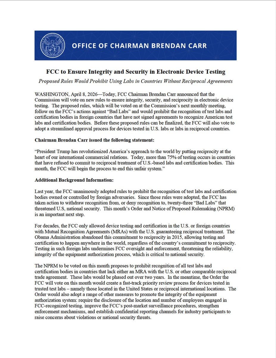 FCC Moves to Bar Device Testing in Countries Lacking U.S. Reciprocal Agreements