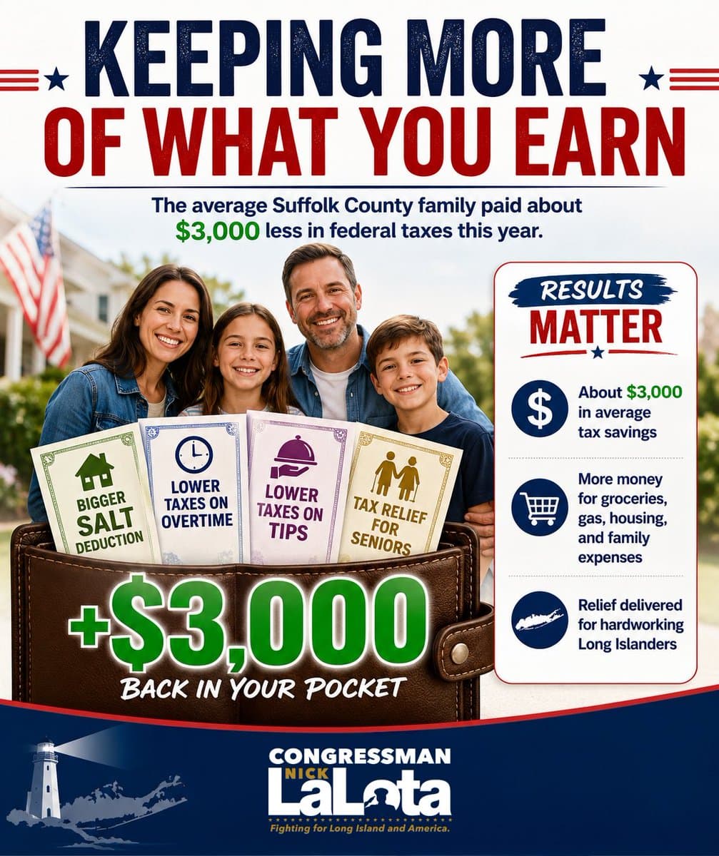 LaLota says Suffolk families saved $3,000 from federal tax changes