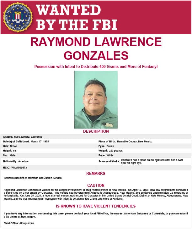 FBI seeks Bernalillo County man in 72-kilogram fentanyl case