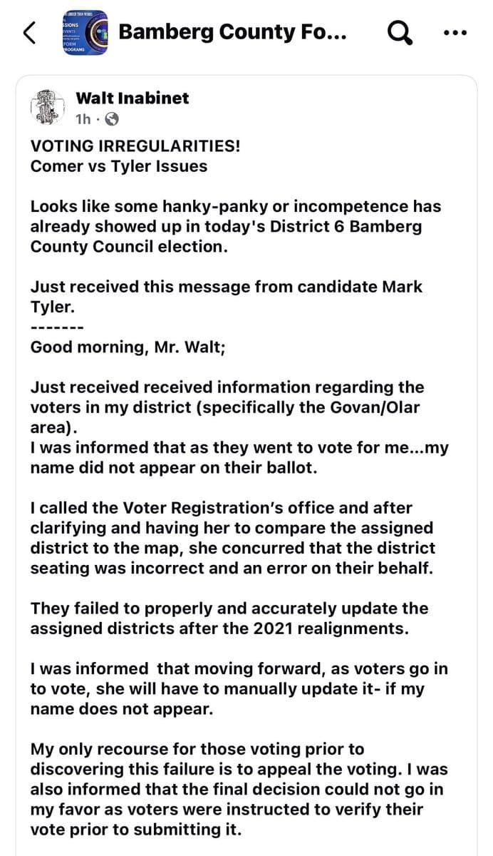 Bamberg County Council District 6 irregularities prompt election review calls