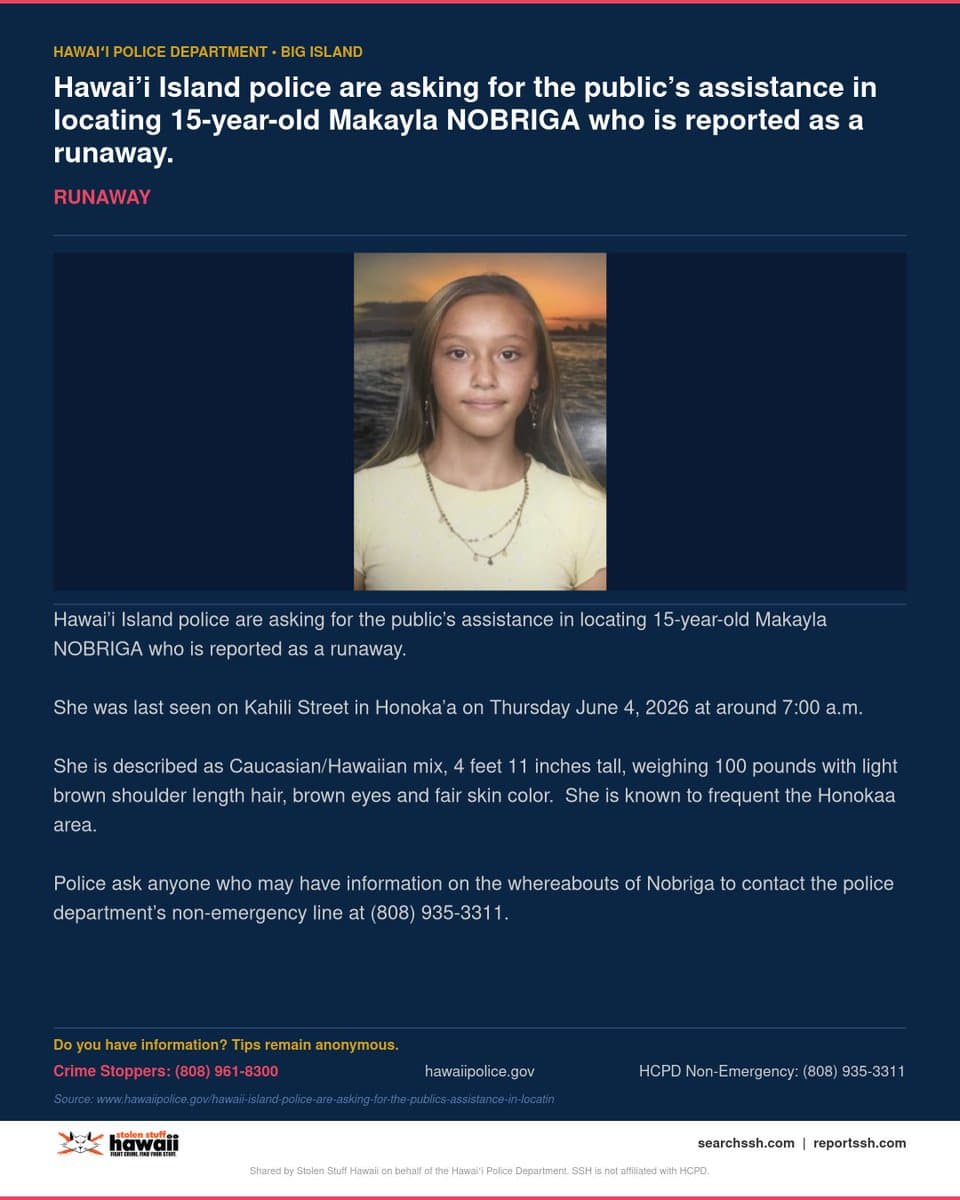 Police seek help finding 15-year-old runaway from Honokaa