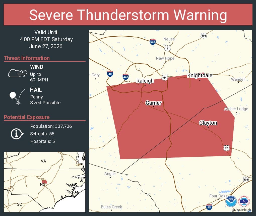 Severe thunderstorm warnings hit Wake County, damaging winds possible