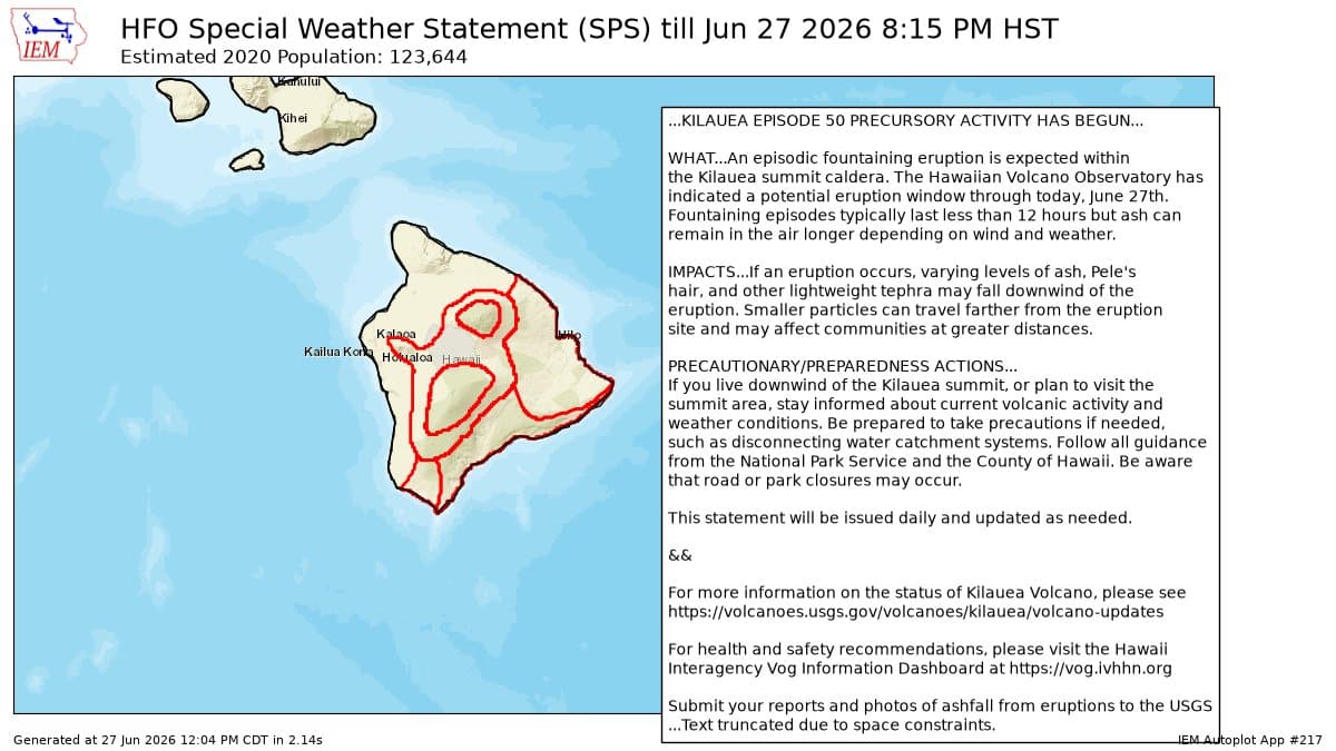 Kilauea Episode 50 activity starts, ash warning issued for Big Island