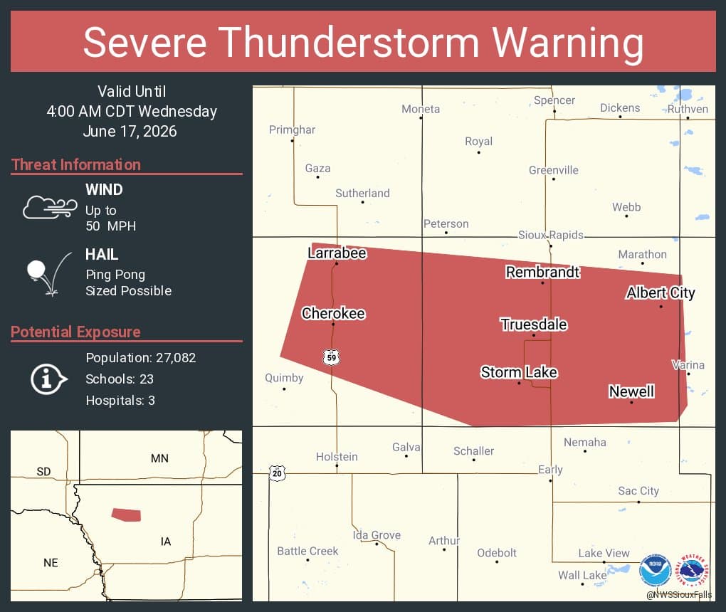 Severe thunderstorm warning covers Storm Lake, Alta until 4 a.m.
