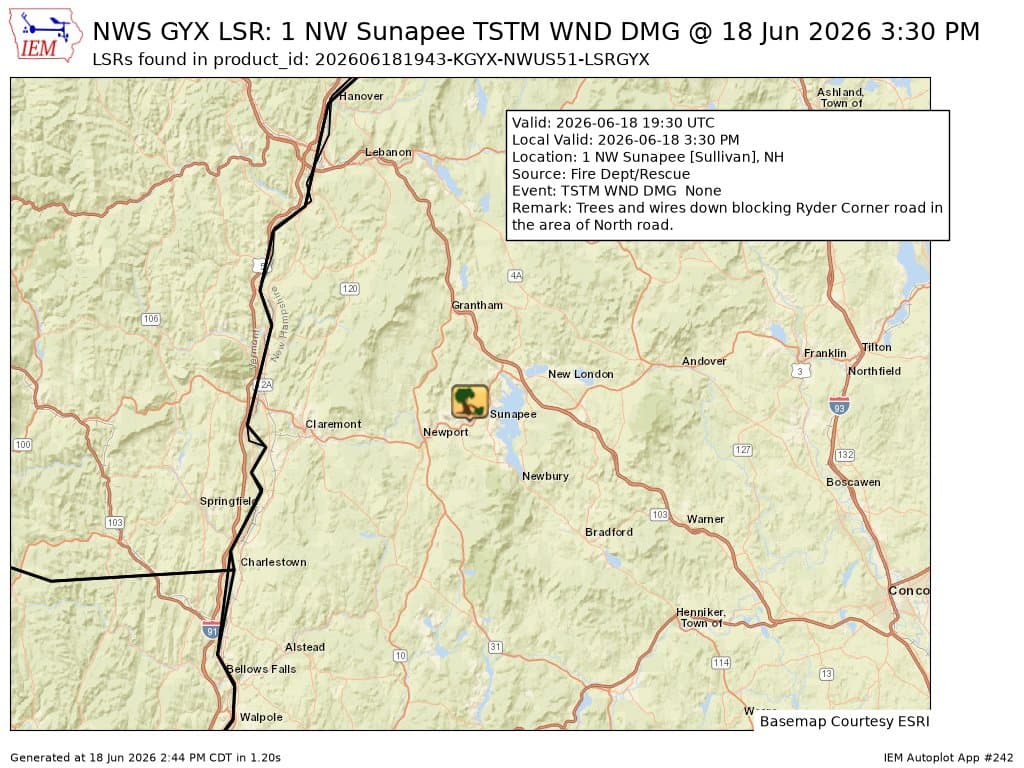 Thunderstorm winds down trees, wires in Sunapee, severe warning issued