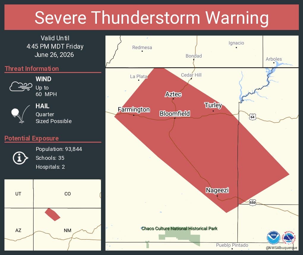 Severe thunderstorm warning issued for Farmington, Bloomfield and Aztec