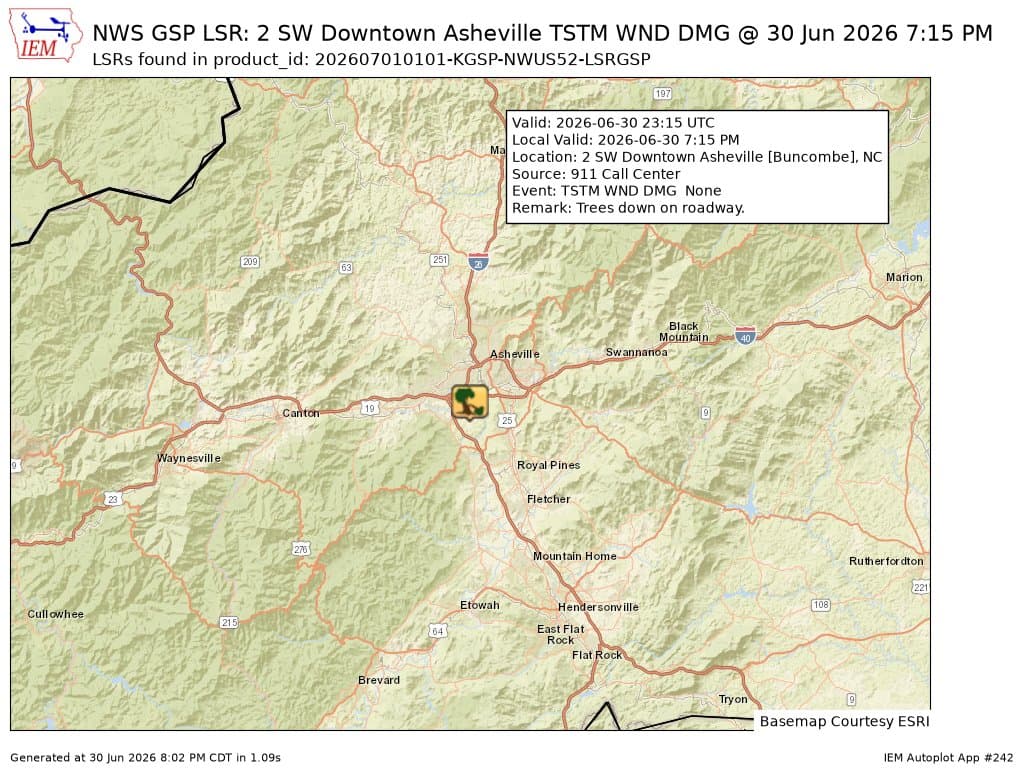 Severe storm winds damage trees on Asheville roadways