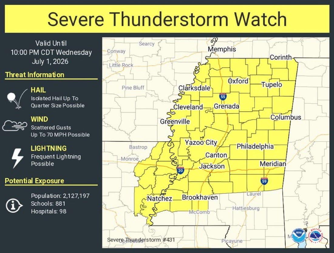 Severe thunderstorm watch issued for Lafayette County until 10 PM