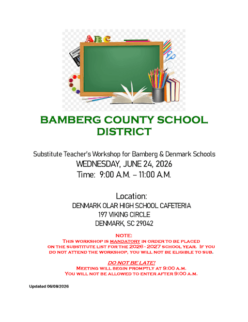Bamberg County School District announces substitute workshop across school sites