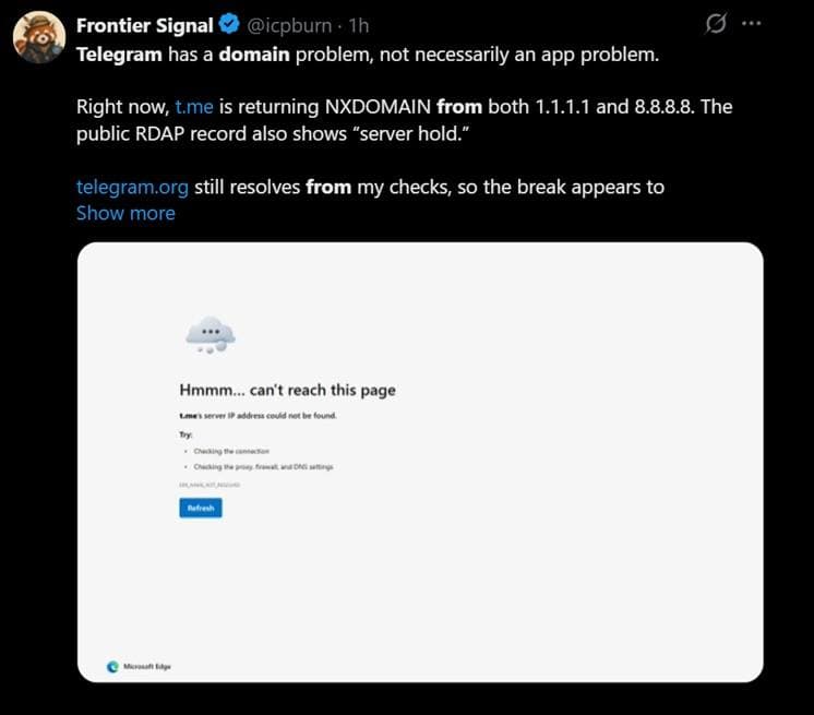 Telegram links briefly go offline after t.me DNS suspension